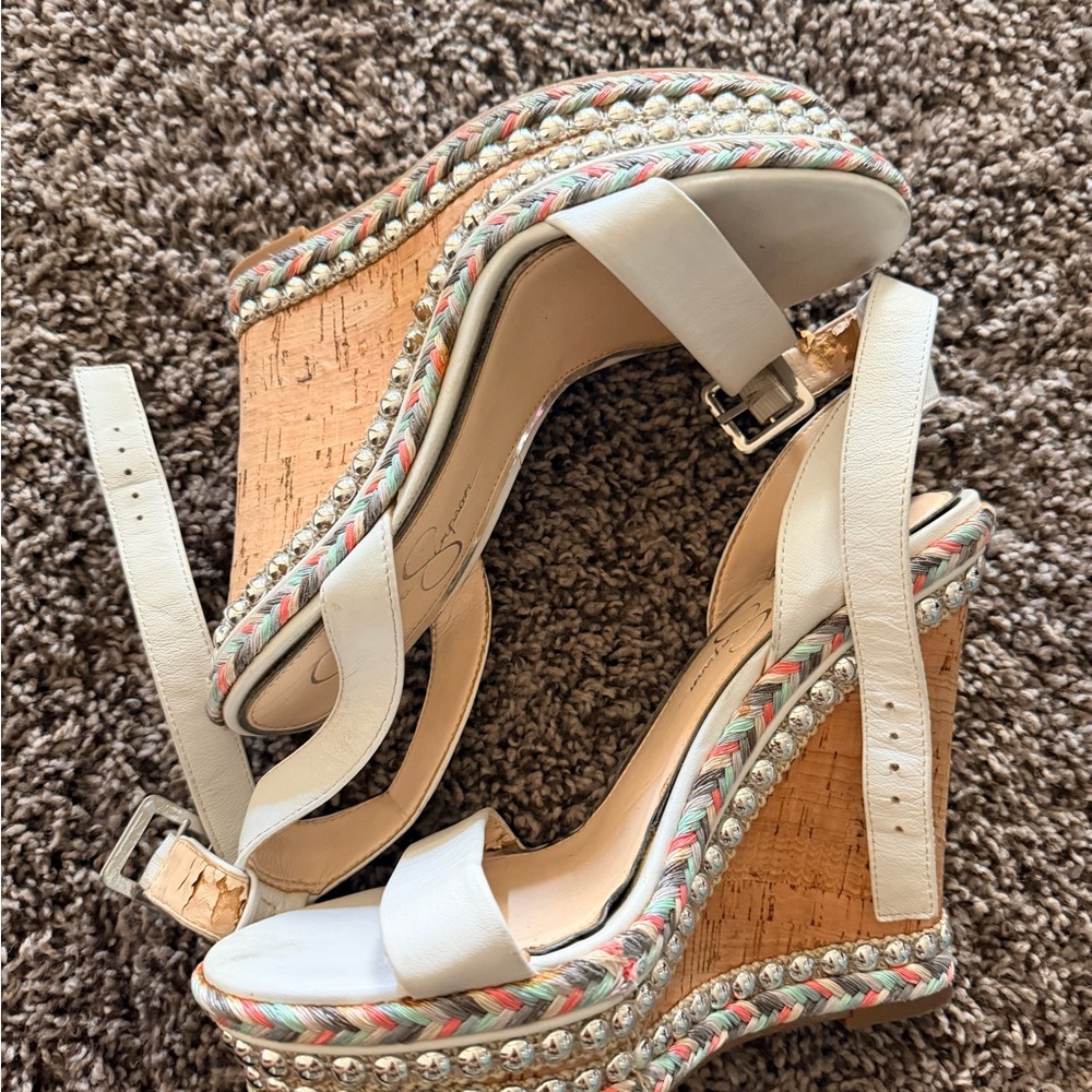 Jessica Simpson White Cork Wedge Sandals with Multicolor Braided Trim